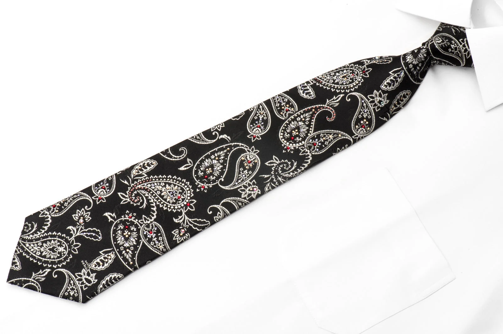 Mila Schon Men's Crystal Tie Silver Paisley On Black Sparkling With Rhinestones - Image 4
