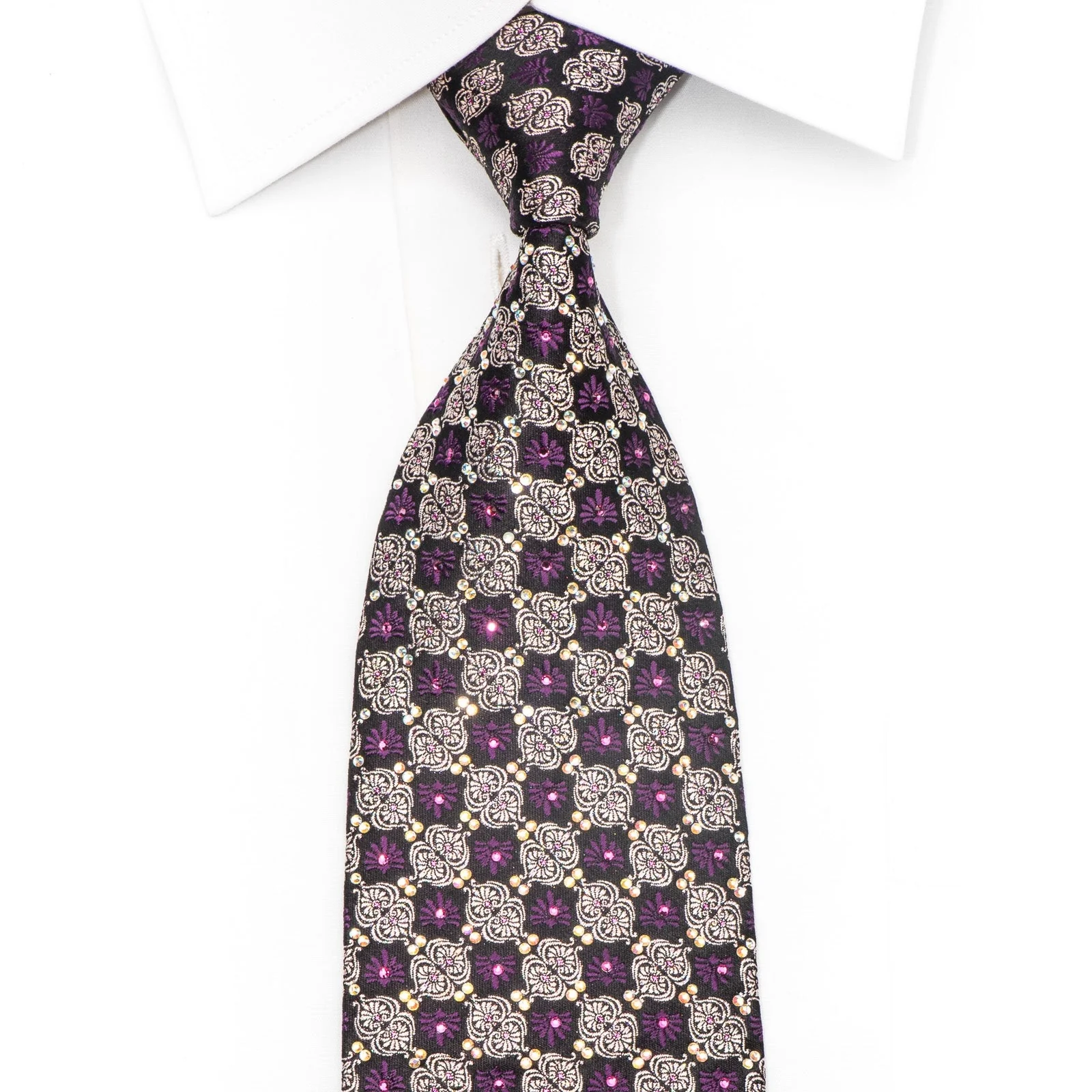 Mila Schon Men's Crystal Tie Silver Purple Anthemion On Navy Silk