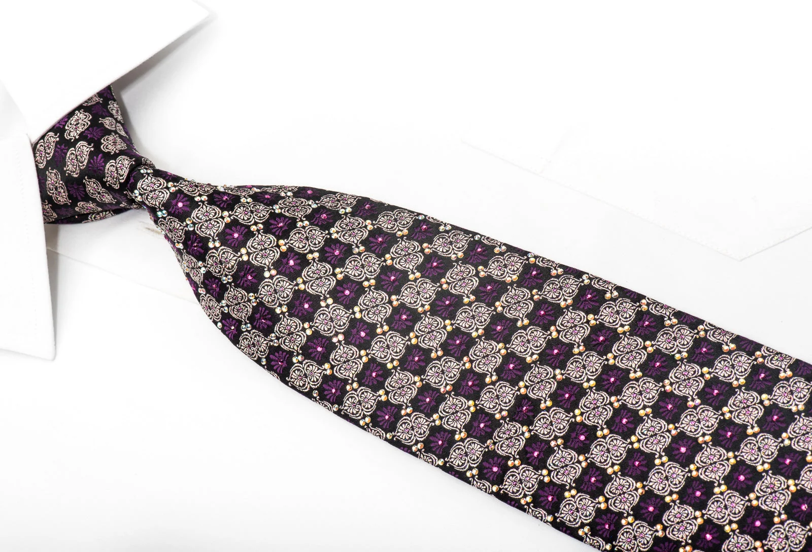 Mila Schon Men's Crystal Tie Silver Purple Anthemion On Navy Silk - Image 2