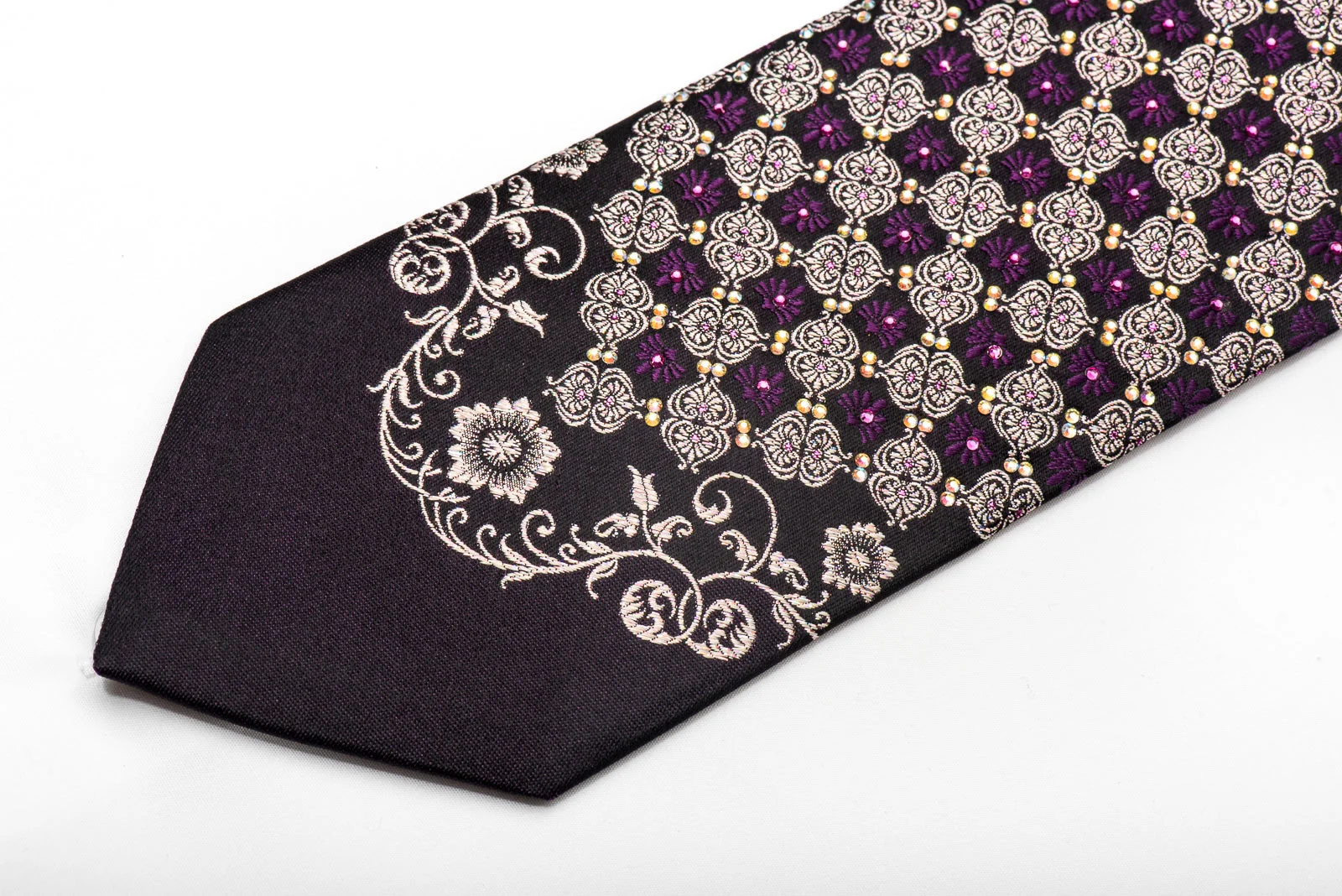 Mila Schon Men's Crystal Tie Silver Purple Anthemion On Navy Silk - Image 3