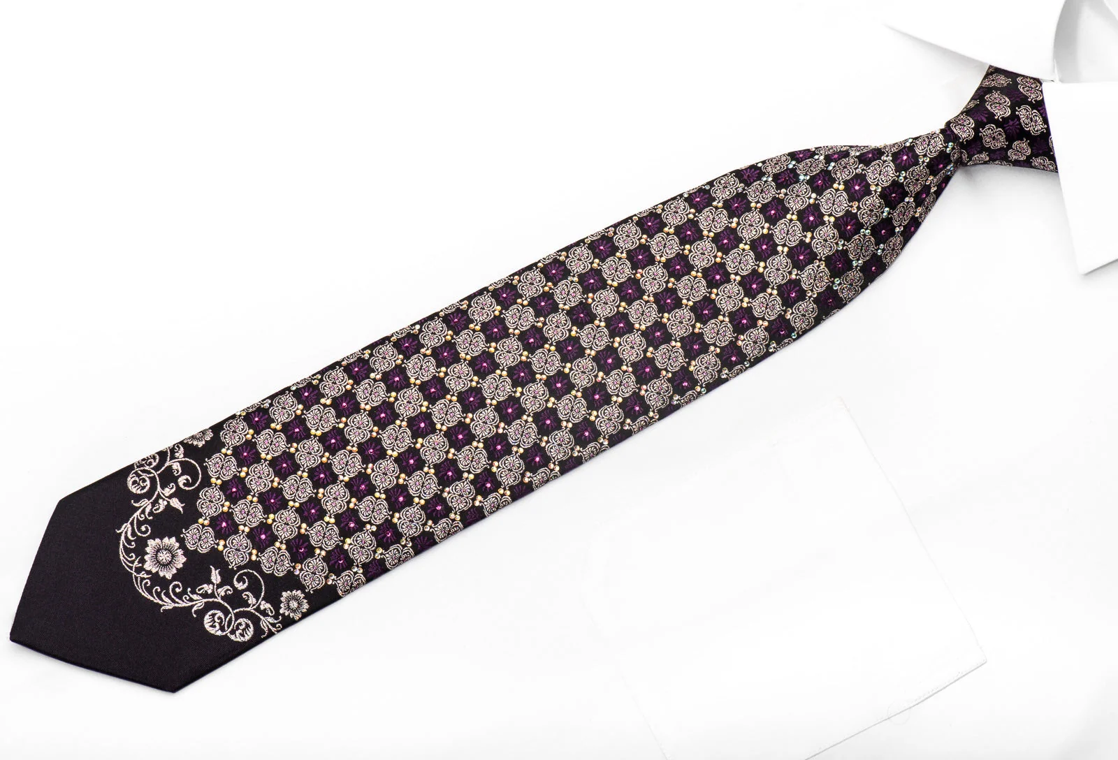 Mila Schon Men's Crystal Tie Silver Purple Anthemion On Navy Silk - Image 4