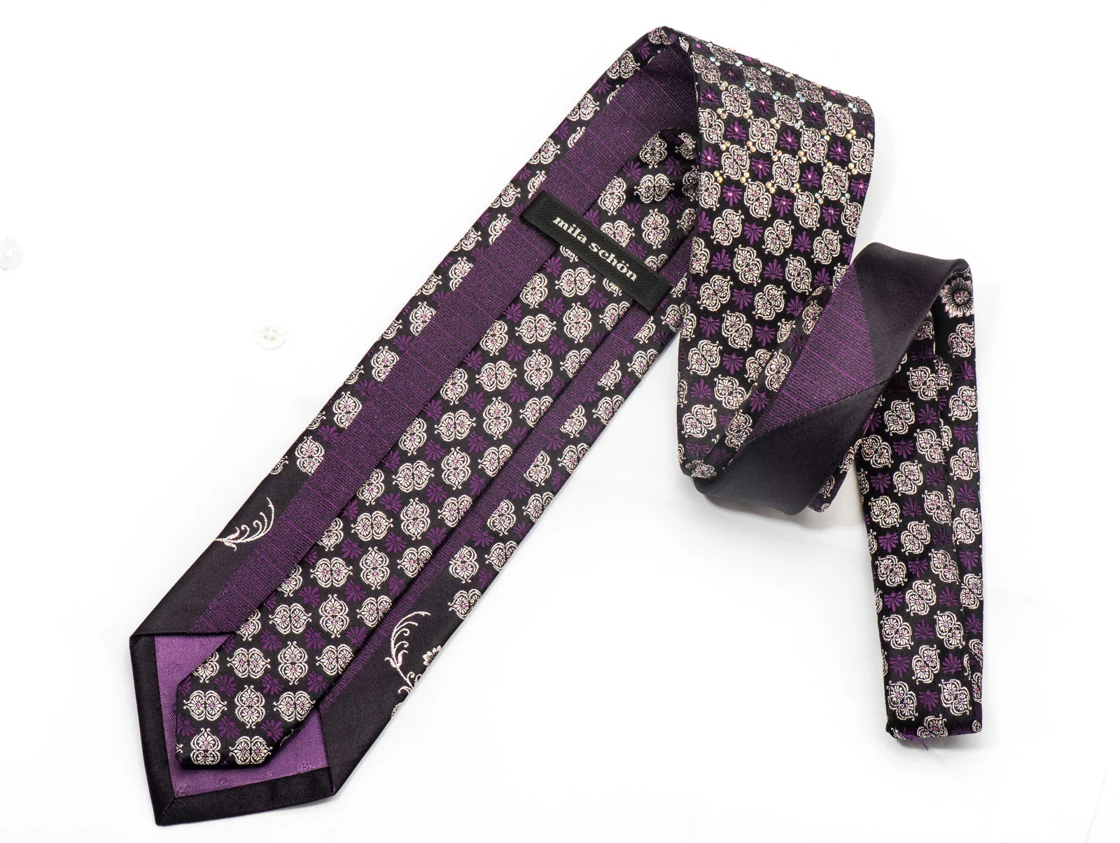 Mila Schon Men's Crystal Tie Silver Purple Anthemion On Navy Silk - Image 5