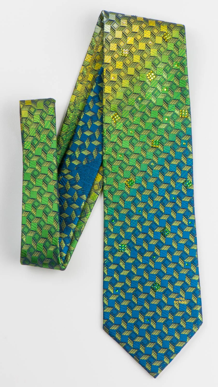 Mila Schon Men's Rhinestone Silk Neck Tie Turquoise Green Geometric With Green Sparkles - Image 2