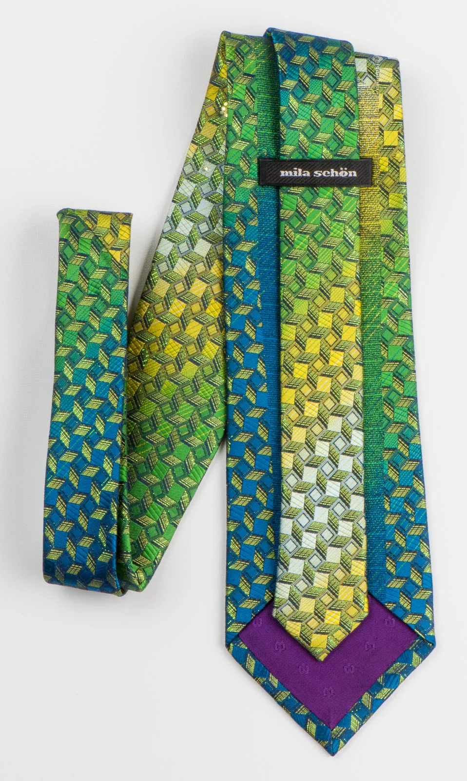 Mila Schon Men's Rhinestone Silk Neck Tie Turquoise Green Geometric With Green Sparkles - Image 3