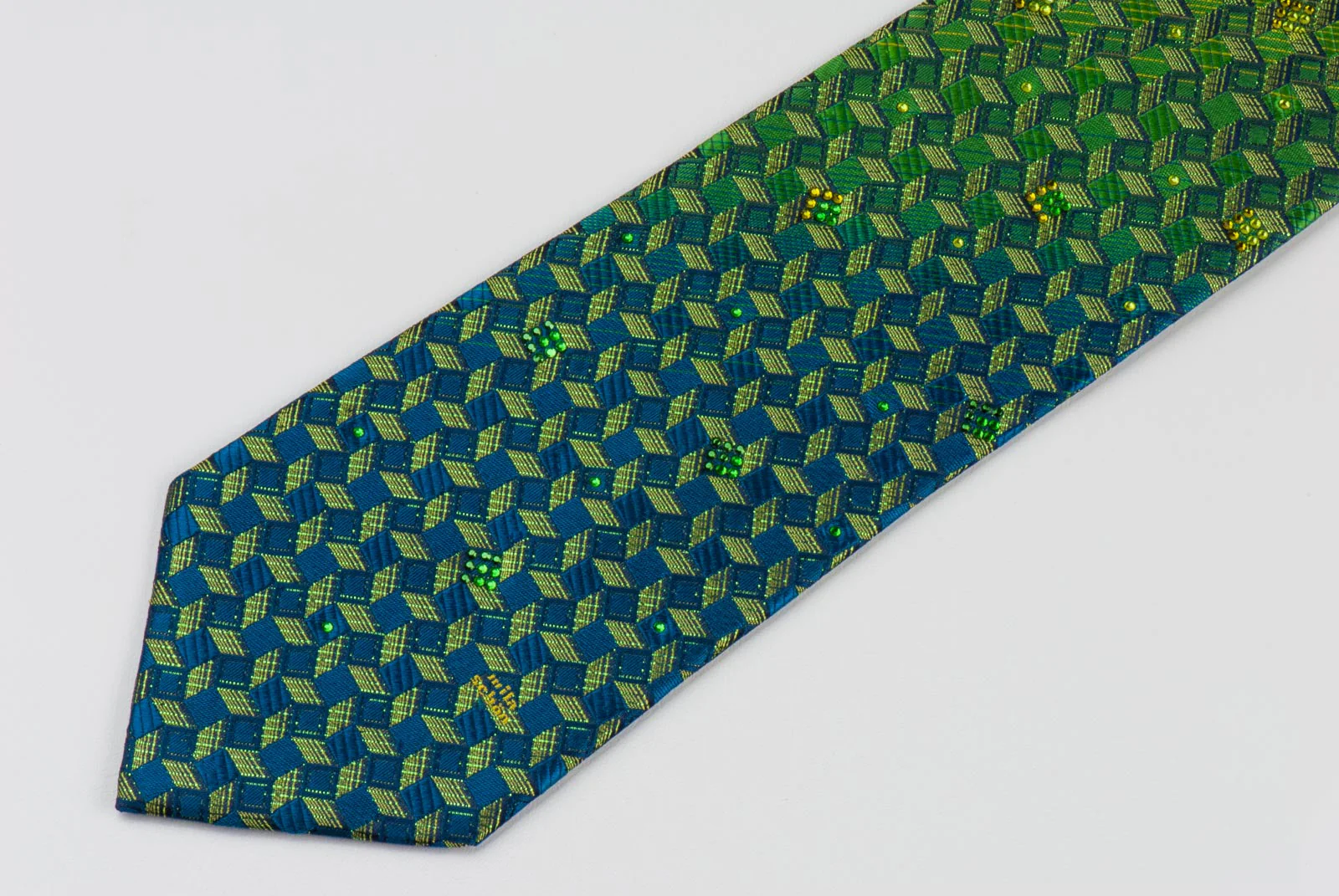 Mila Schon Men's Rhinestone Silk Neck Tie Turquoise Green Geometric With Green Sparkles - Image 7