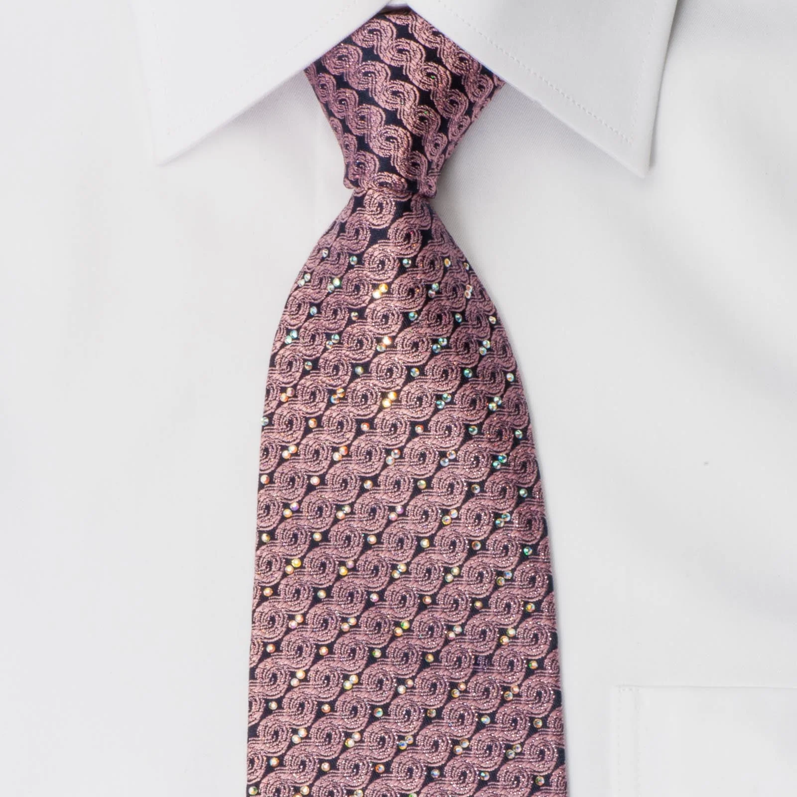 Mila Schon Men's Rhinestone Silk Necktie Metallic Pink Waves On Black