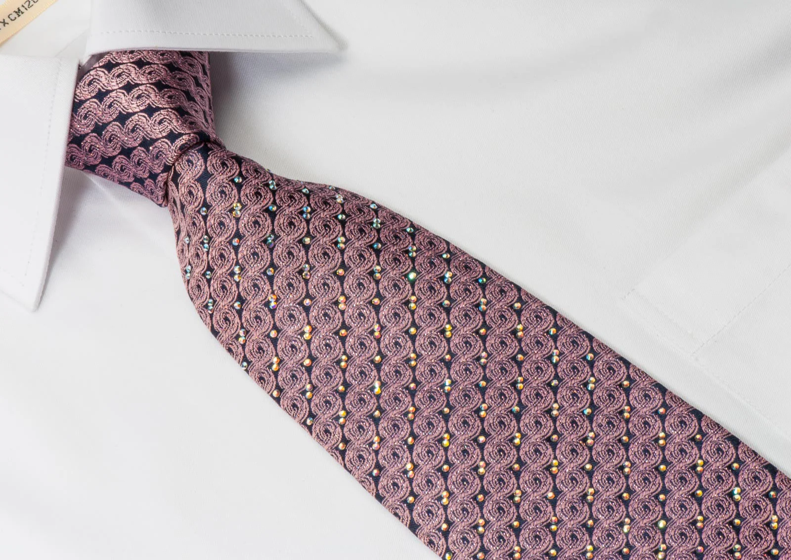 Mila Schon Men's Rhinestone Silk Necktie Metallic Pink Waves On Black - Image 5