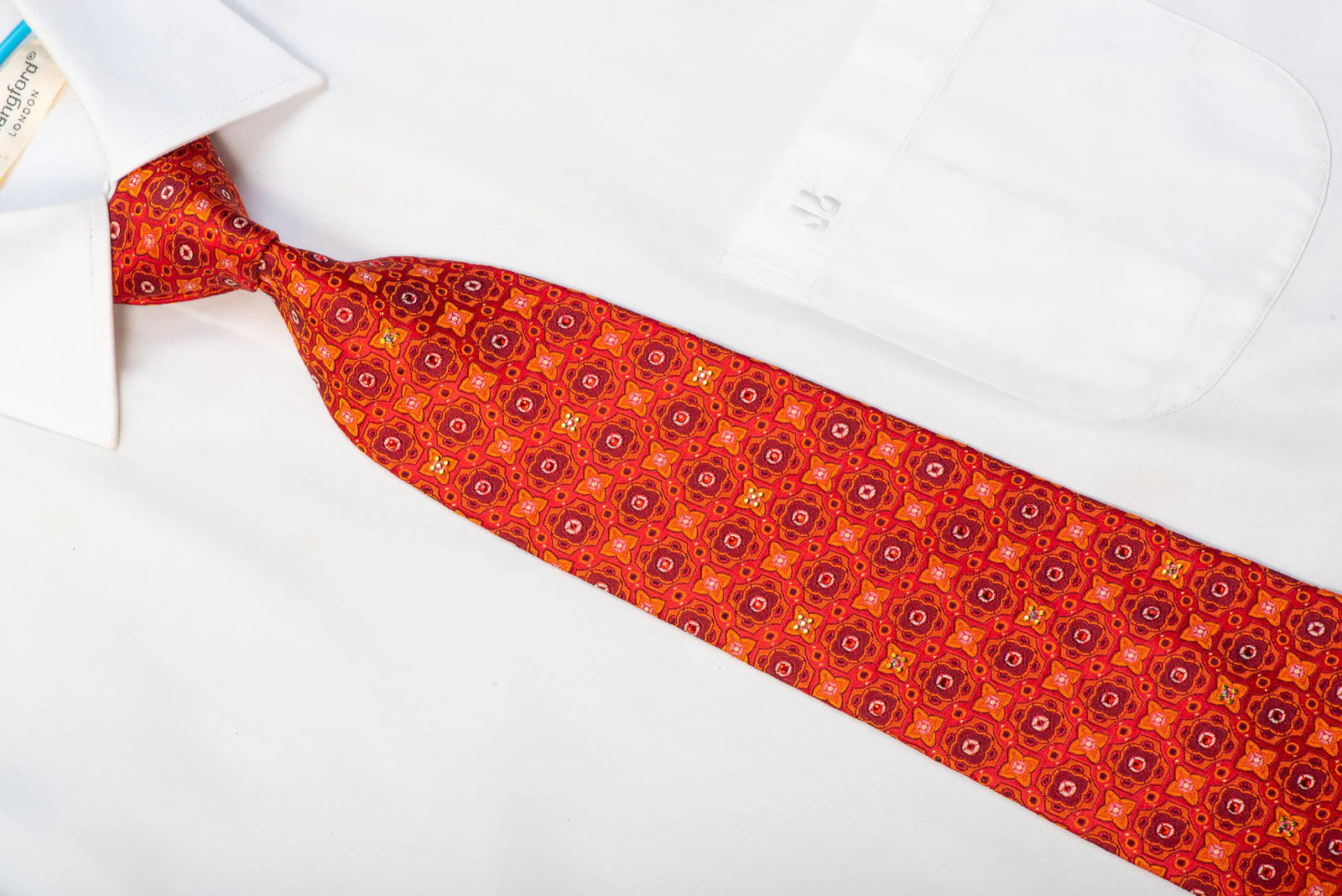 Rhinestone Silk Necktie Orange Burgundy Foulard On Red With Sparkles - Image 2