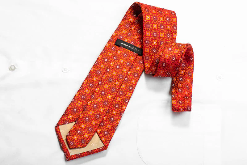 Rhinestone Silk Necktie Orange Burgundy Foulard On Red With Sparkles - Image 4