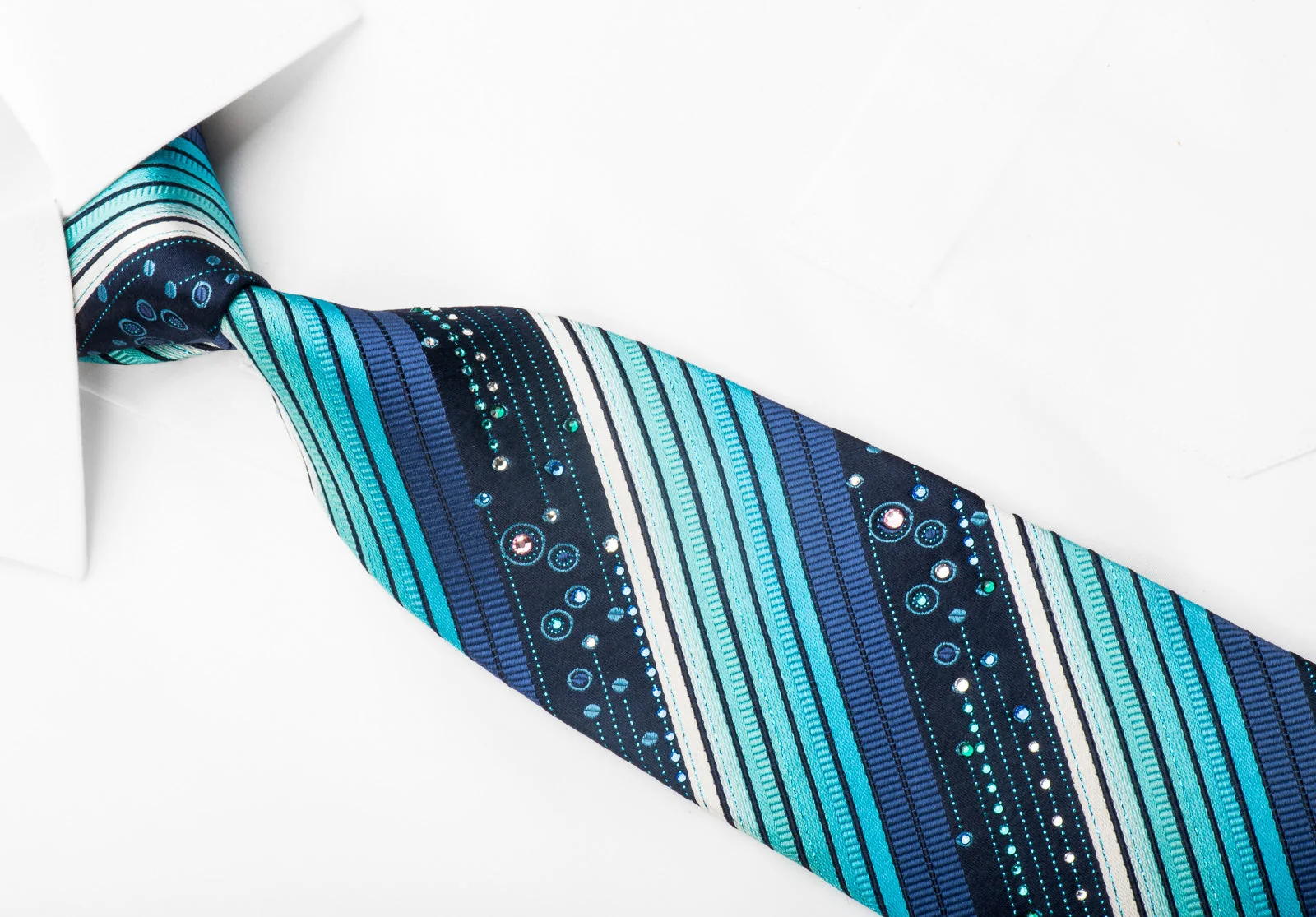 Mila Schon Men's Rhinestone Silk Necktie Striped On Blue With Sparkles - Image 2
