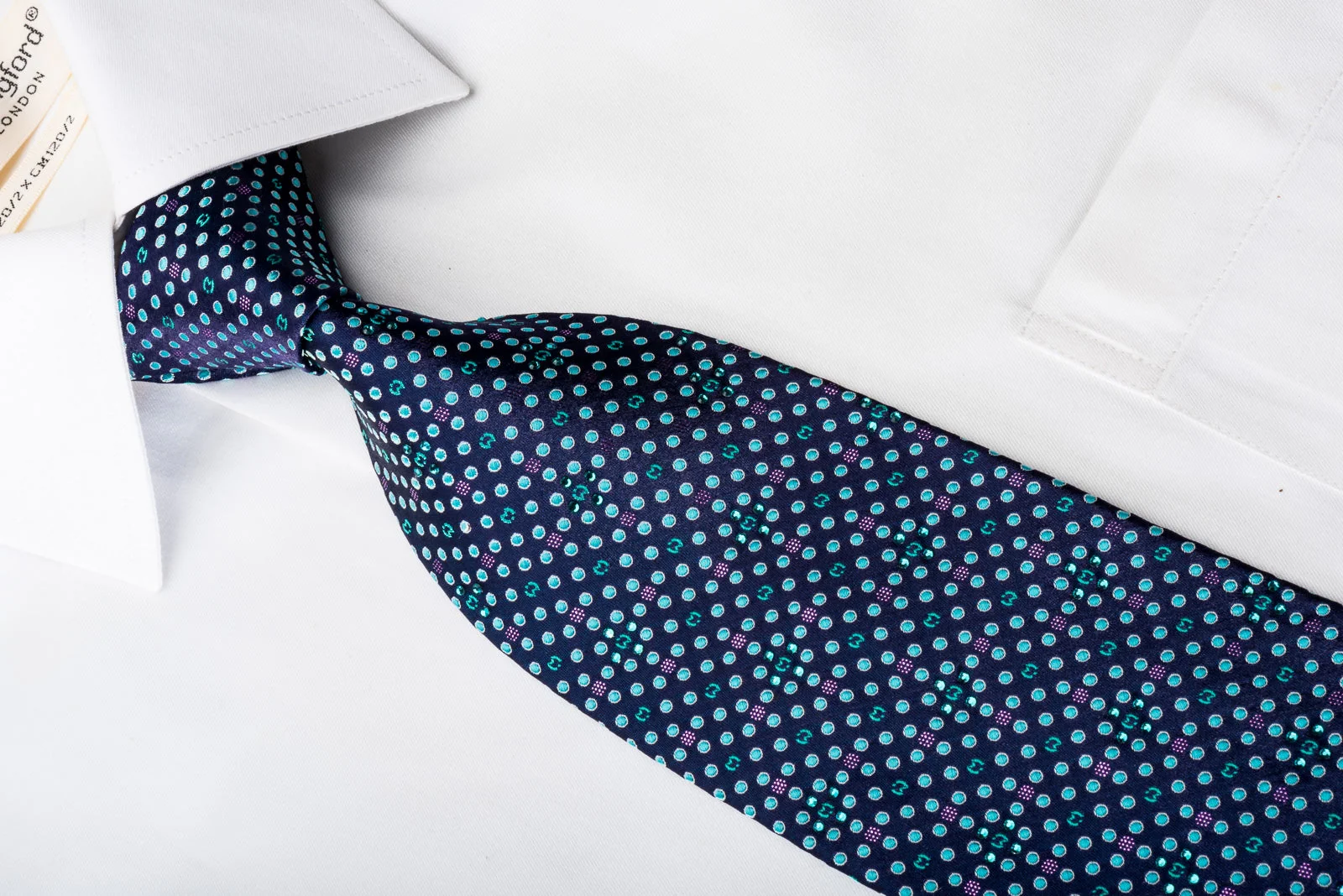 Mila Schon Men's Rhinestone Silk Necktie Teal Dots On Blue With Purple Sparkles - Image 3