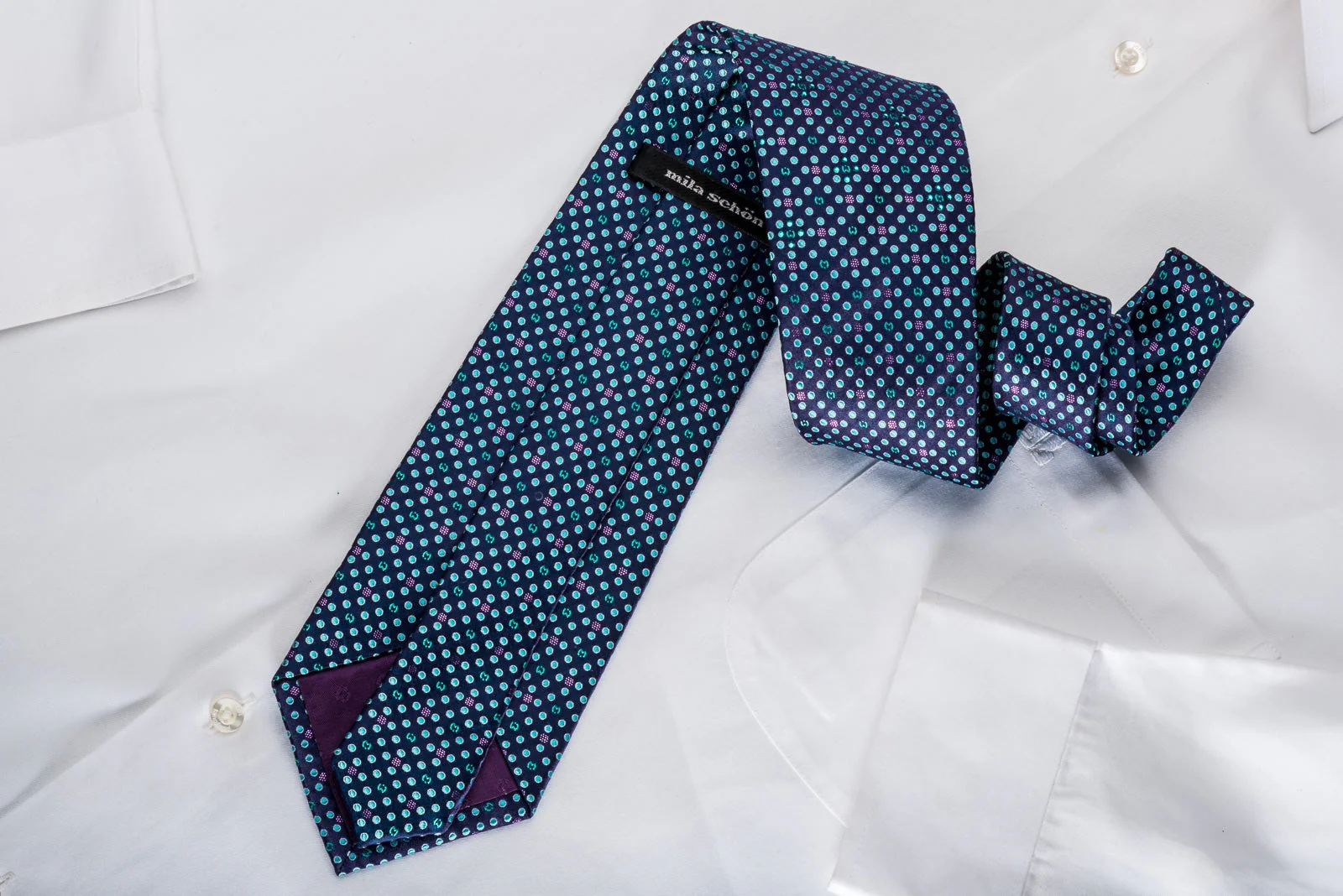Mila Schon Men's Rhinestone Silk Necktie Teal Dots On Blue With Purple Sparkles - Image 5