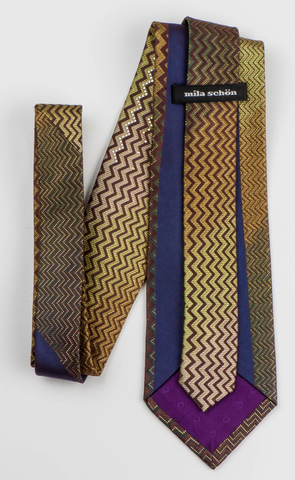Mila Schon Men's Rhinestone Tie Golden Chevron Design On Brown Woven Silk - Image 2