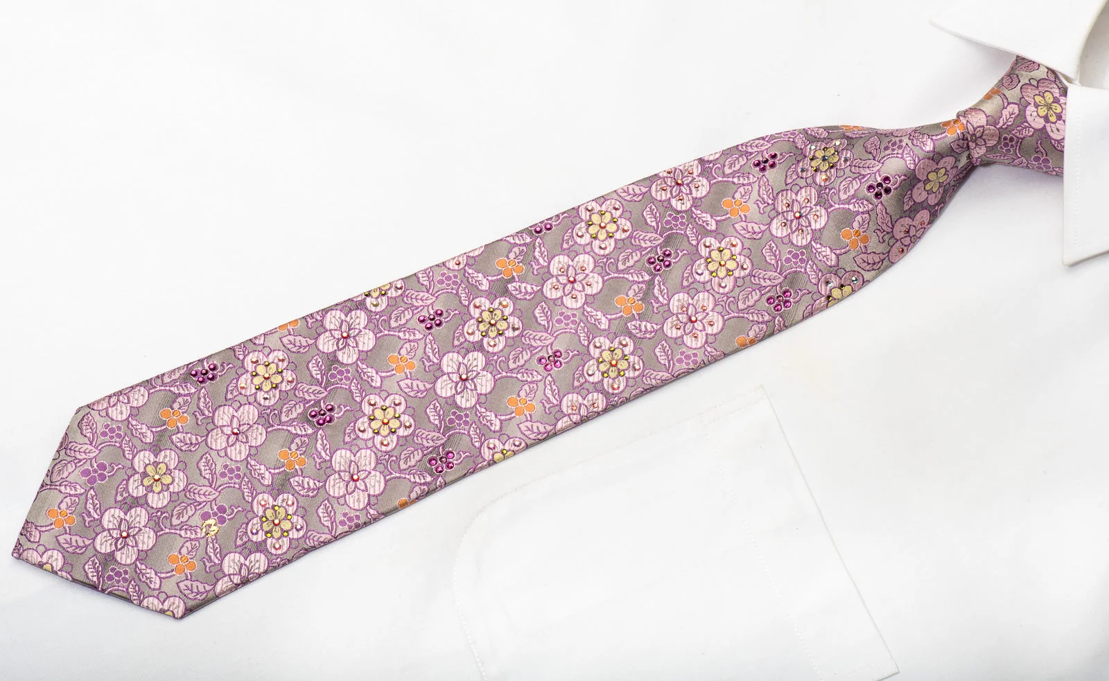 Mila Schon Men's Rhinestone Tie Pink Floral On Silver With Sparkles - Image 3