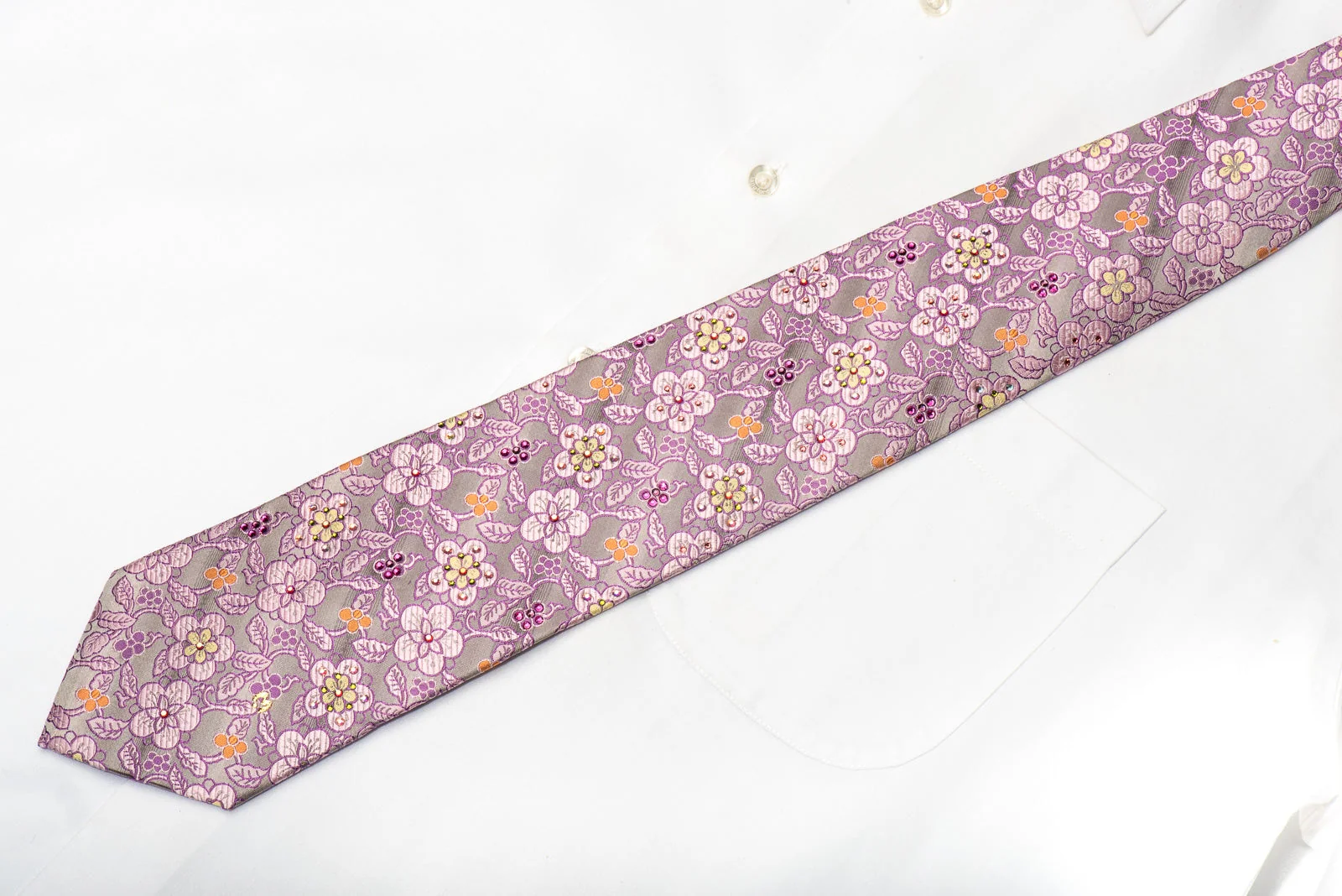 Mila Schon Men's Rhinestone Tie Pink Floral On Silver With Sparkles - Image 4
