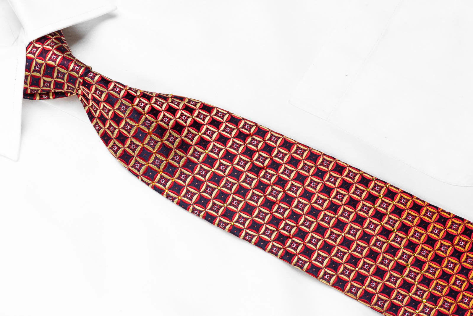Men's Rhinestone Tie Red Yellow Geometric On Navy With Red Sparkles - Image 2