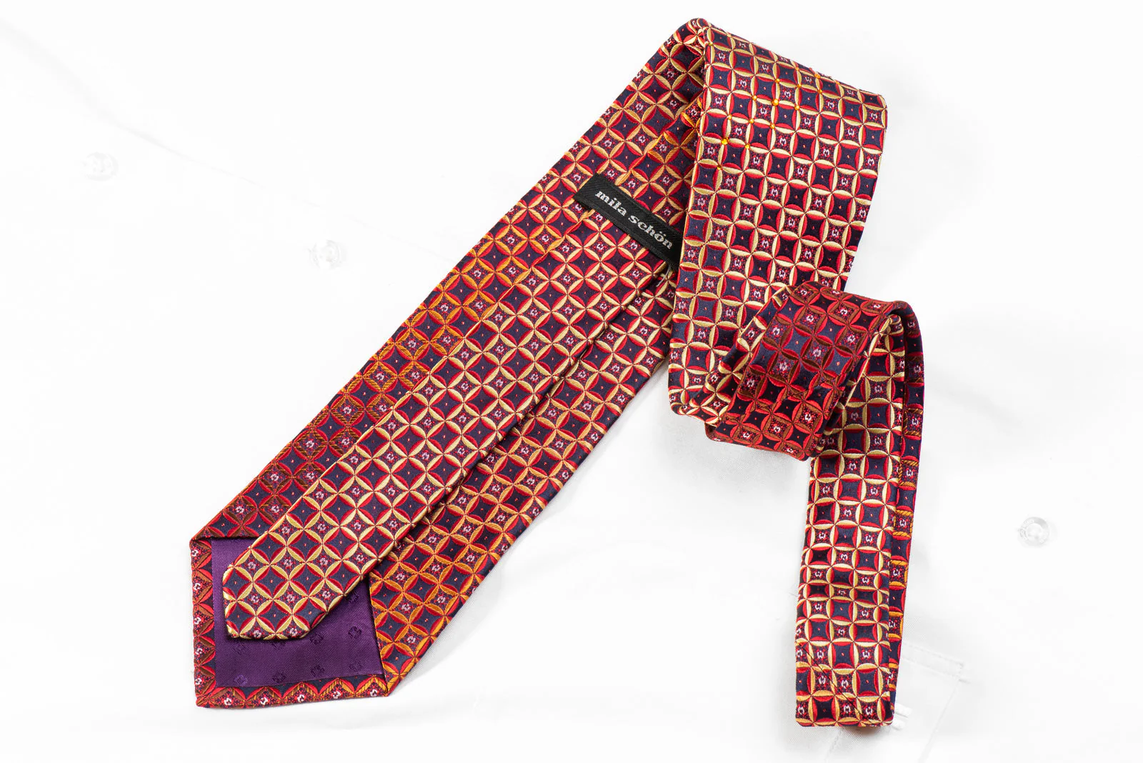 Men's Rhinestone Tie Red Yellow Geometric On Navy With Red Sparkles - Image 4