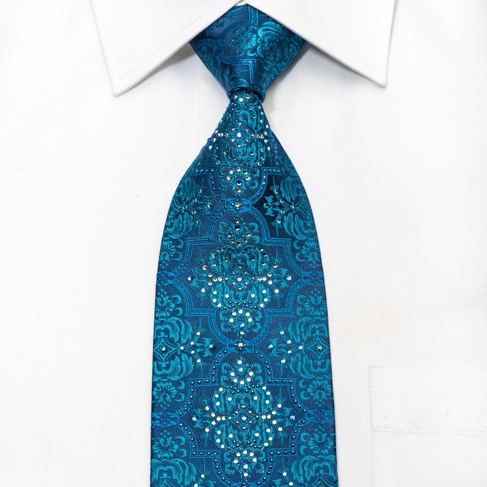 Mila Schon Men's Silk Necktie Damask On Blue Sparkling With Rhinestones
