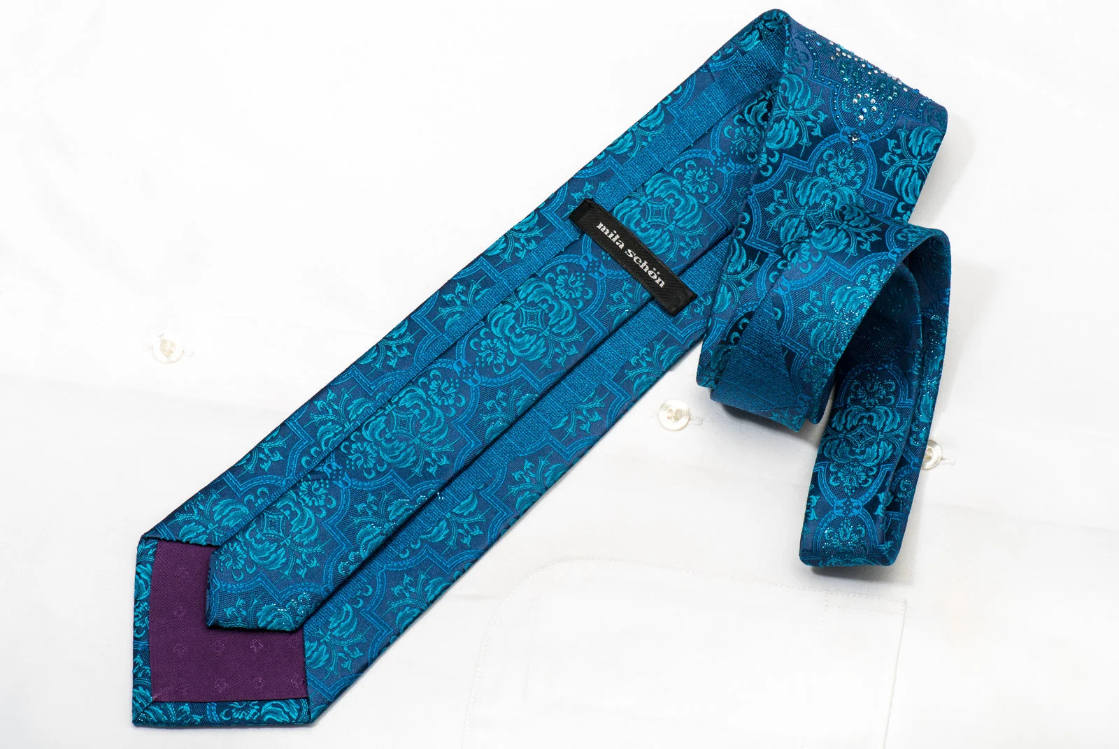 Mila Schon Men's Silk Necktie Damask On Blue Sparkling With Rhinestones - Image 4