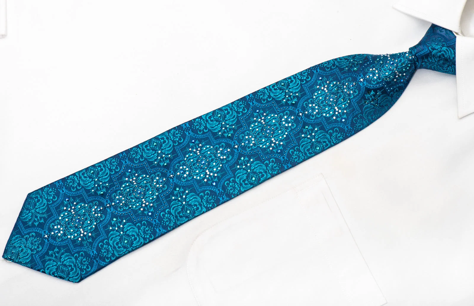Mila Schon Men's Silk Necktie Damask On Blue Sparkling With Rhinestones - Image 6