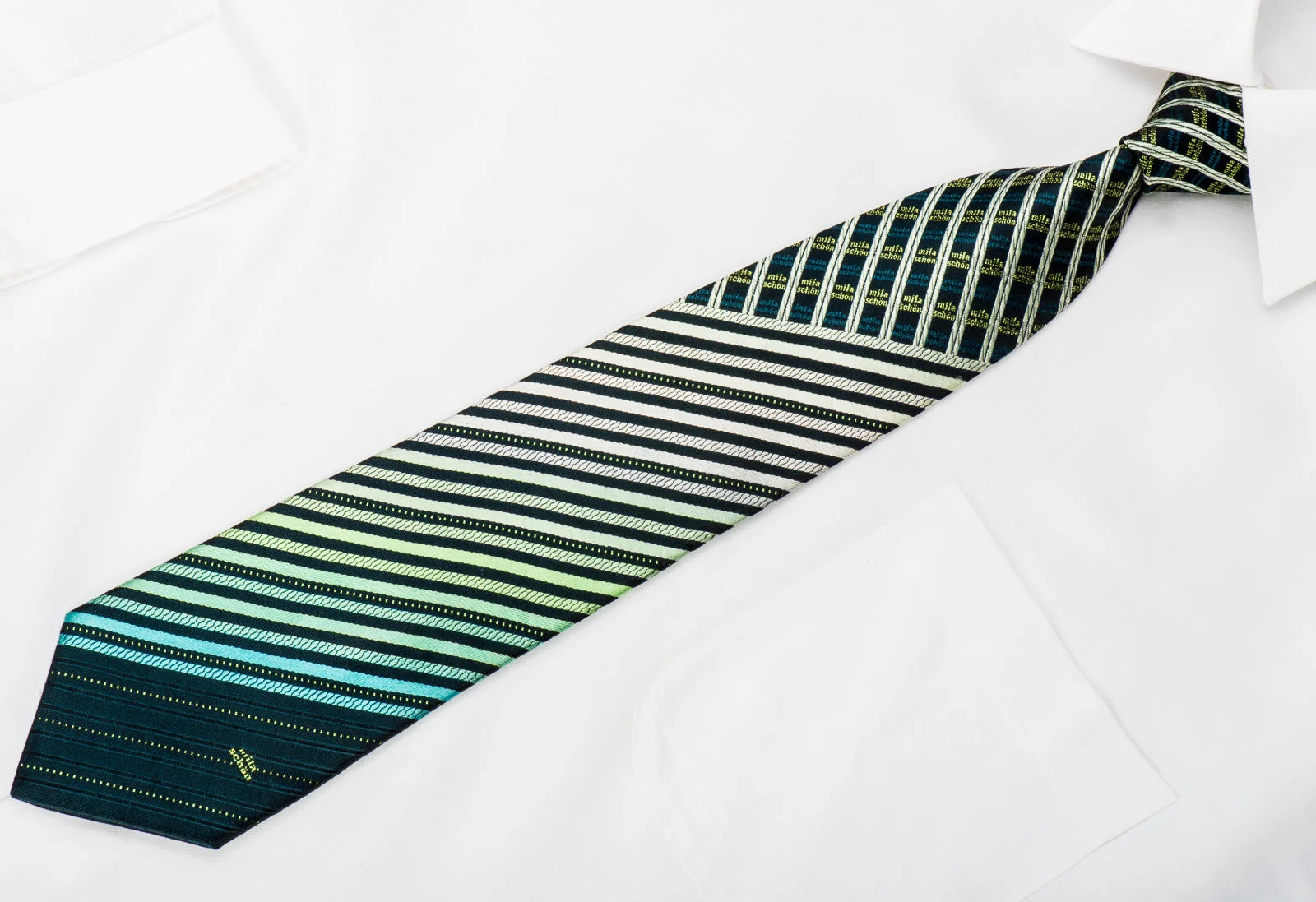 Mila Schon Men's Silk Necktie Green Silver Striped On Black - Image 3