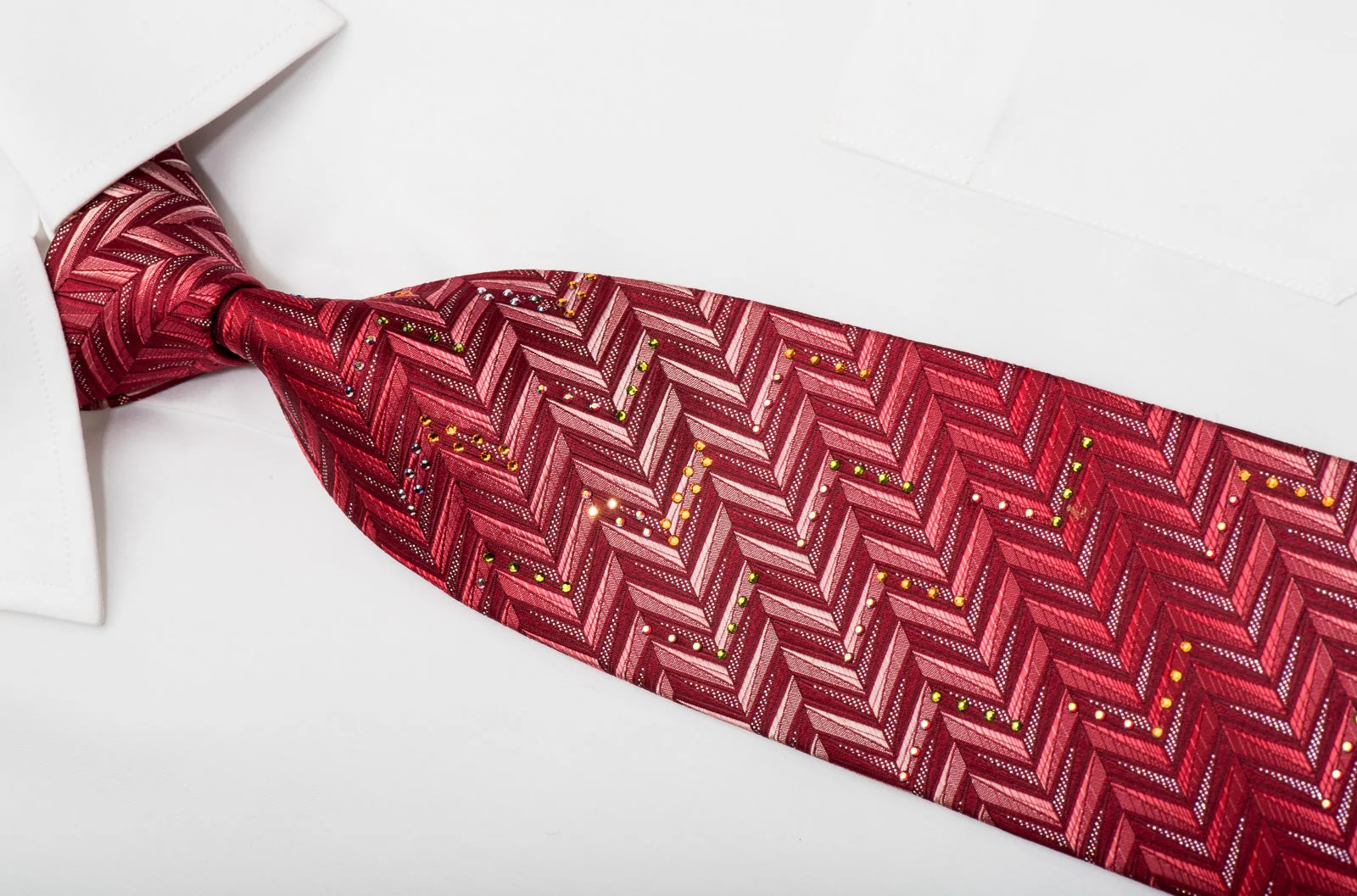 Mila Schon Men's Silk Necktie Herringbone On Red Sparkling With Rhinestones - Image 2