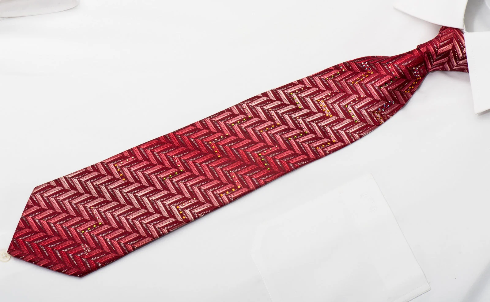 Mila Schon Men's Silk Necktie Herringbone On Red Sparkling With Rhinestones - Image 3