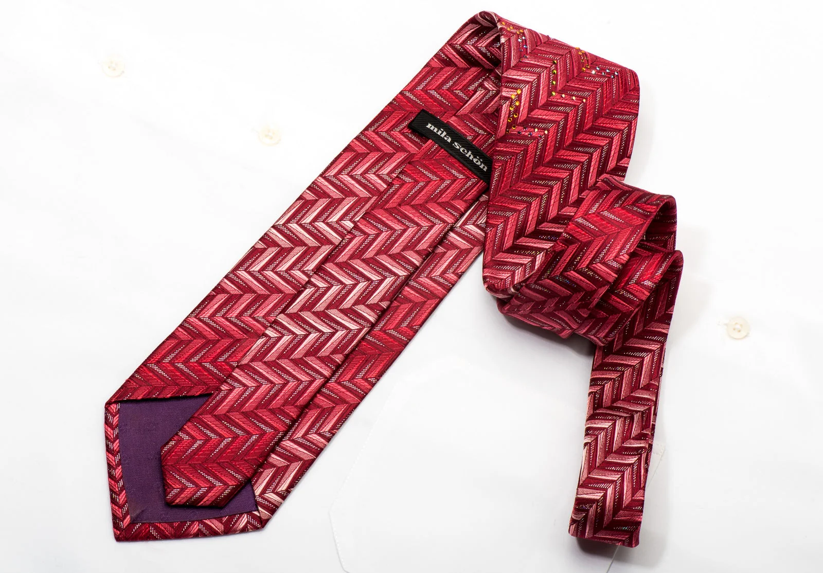 Mila Schon Men's Silk Necktie Herringbone On Red Sparkling With Rhinestones - Image 5