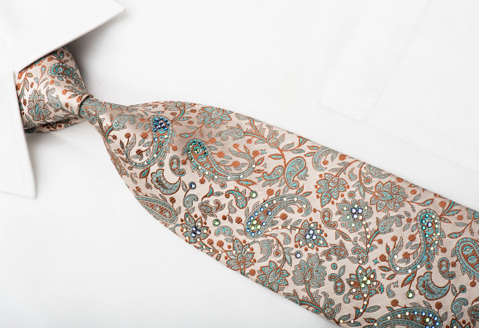 Mila Schon Men's Silk Necktie Paisley Floral On Gold Sparkling With Crystal Rhinestones - Image 3