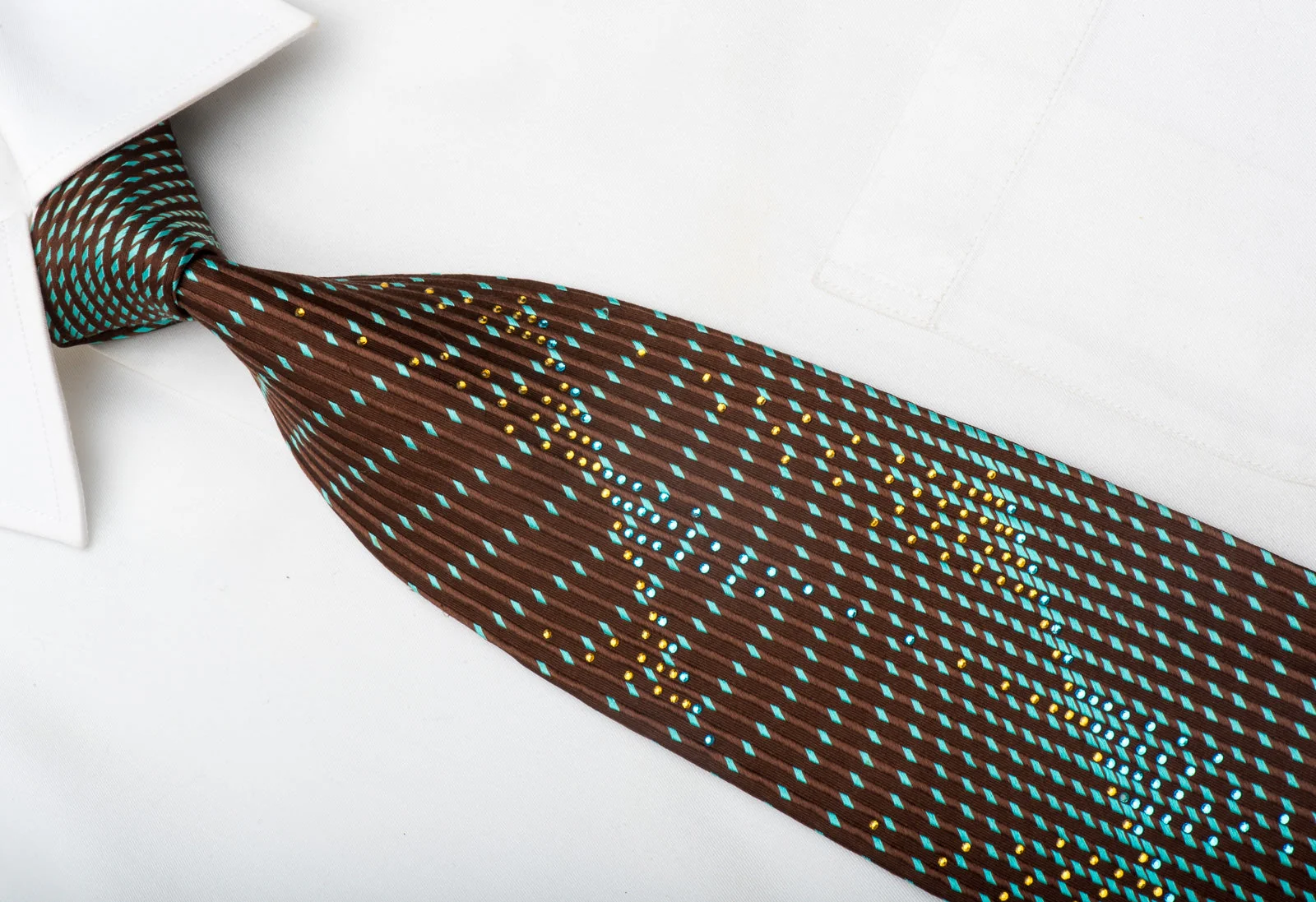 Mila Schon Men's Silk Necktie Turquoise Geometric On Brown Sparkling With Rhinestones - Image 2