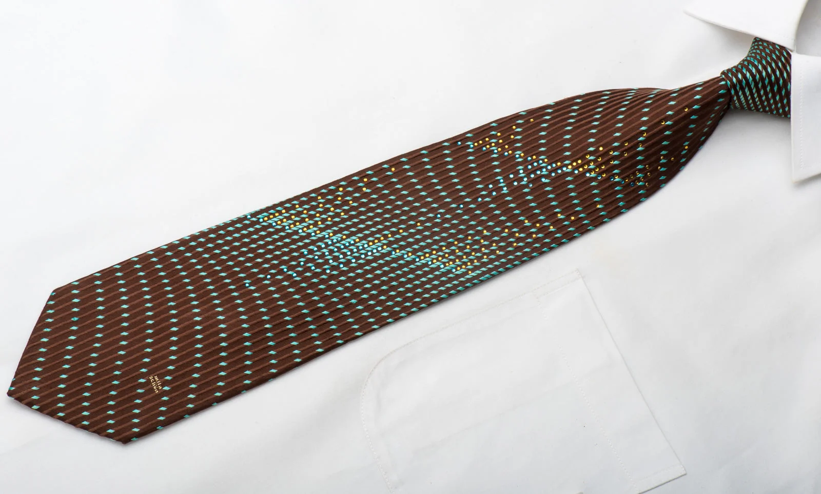 Mila Schon Men's Silk Necktie Turquoise Geometric On Brown Sparkling With Rhinestones - Image 4