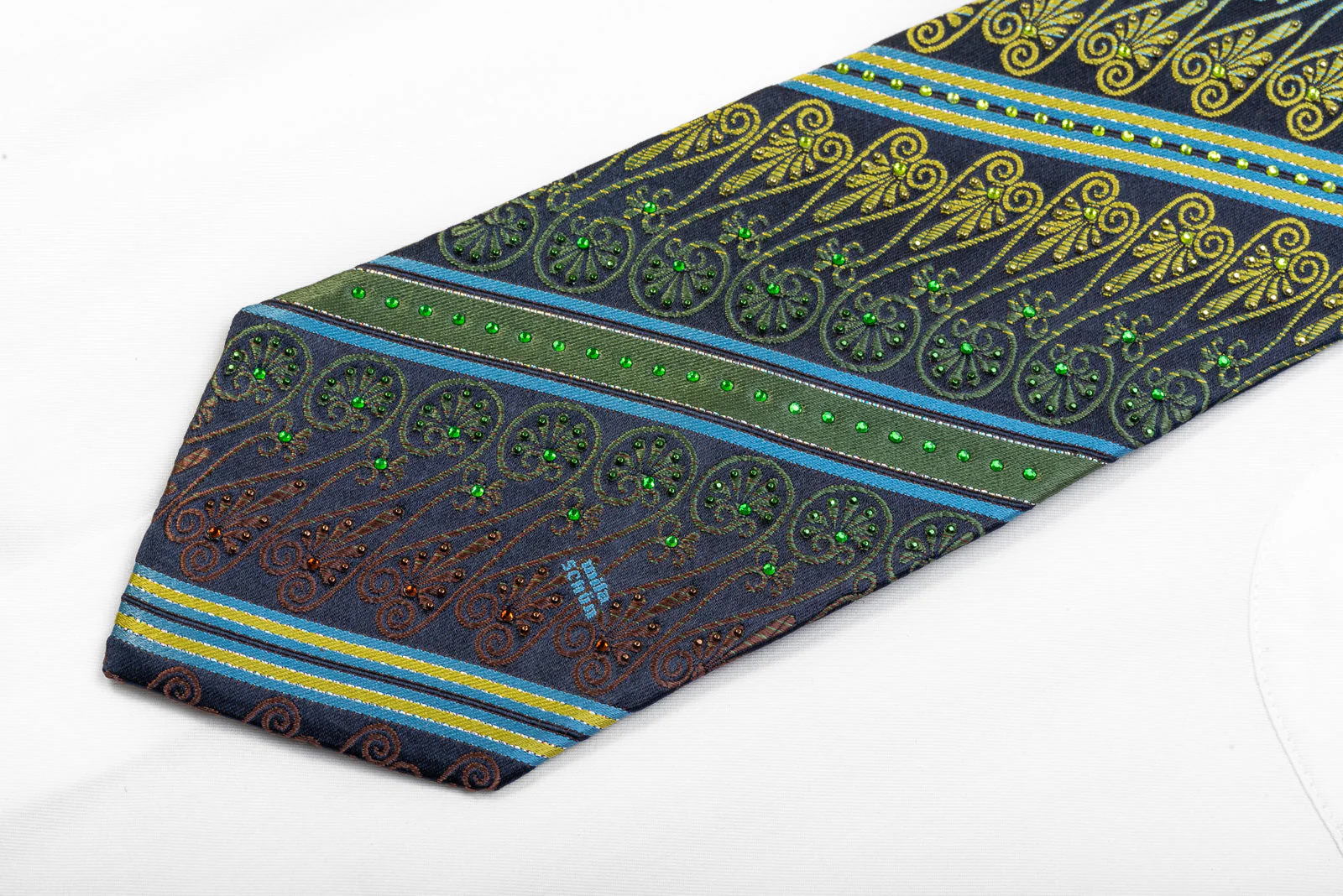Men's Silk Rhinestone Necktie Green Blue Anthemion Striped On Navy - Image 3