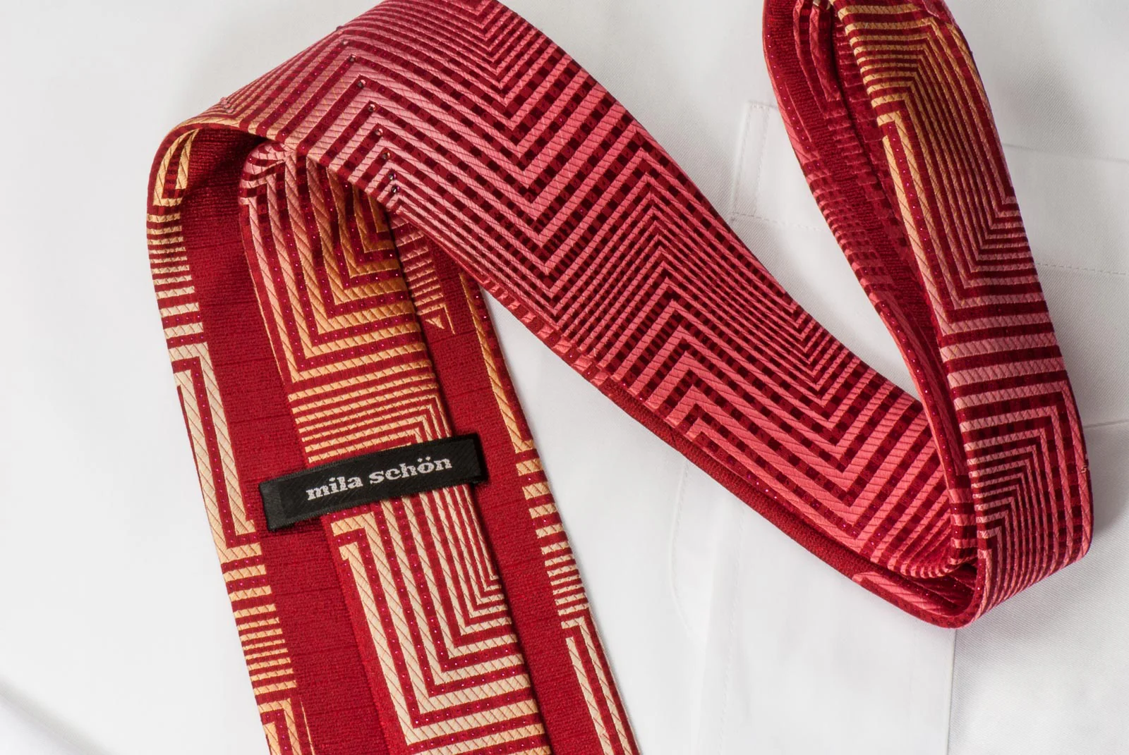 Mila Schon Men's Silk Rhinestone Necktie Zigzags On Burgundy With Red Sparkles - Image 4