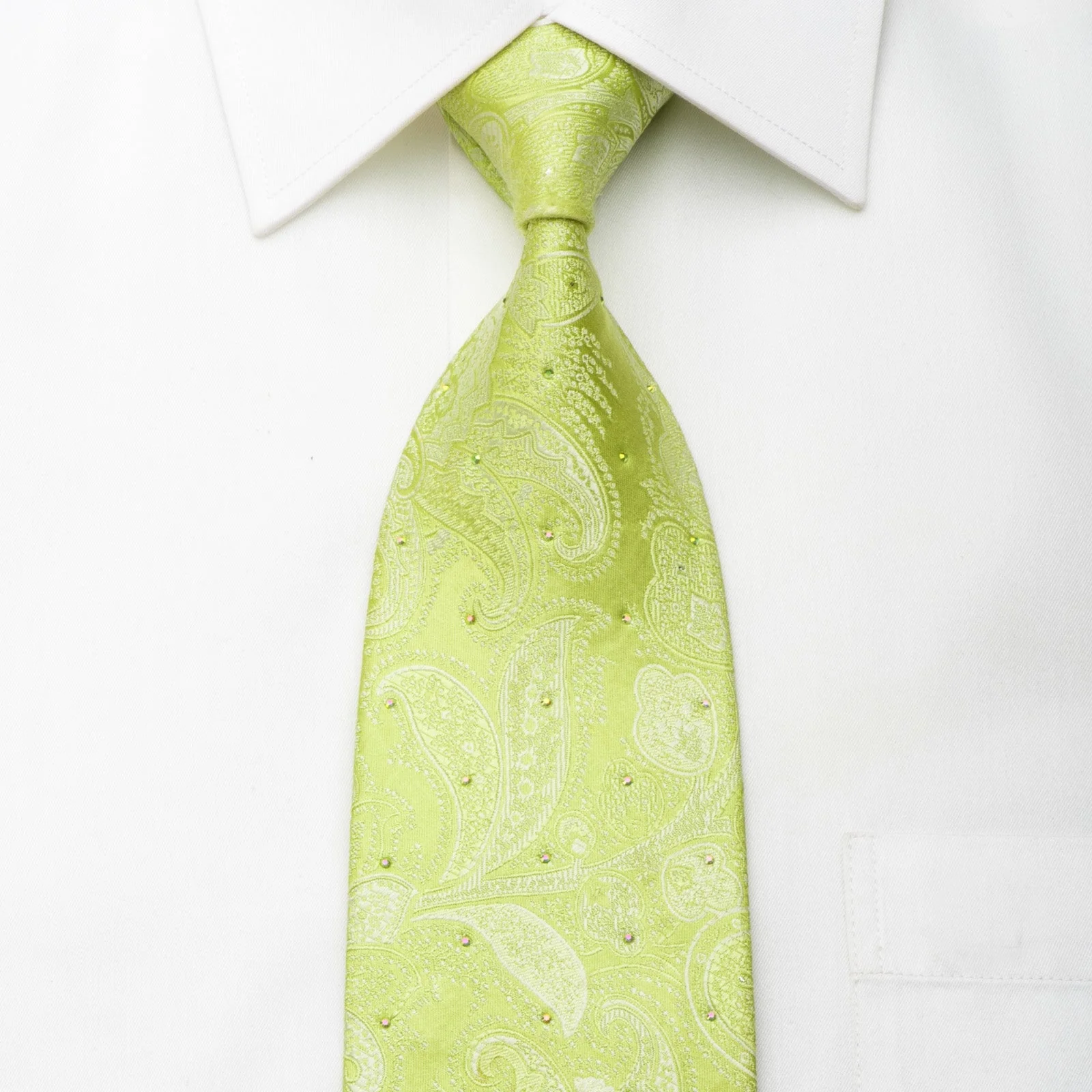 Mila Schon Men's Silk Tie Anthemion On Lime Green Sparkling With Rhinestones