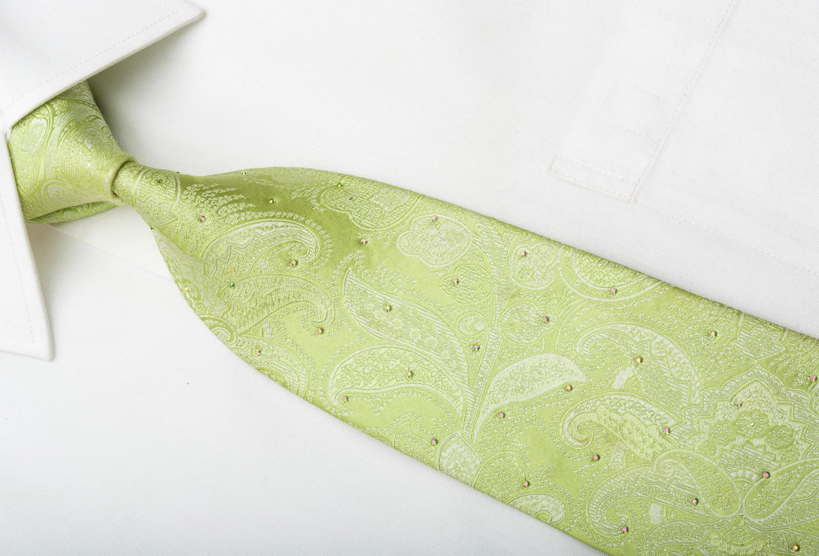 Mila Schon Men's Silk Tie Anthemion On Lime Green Sparkling With Rhinestones - Image 5