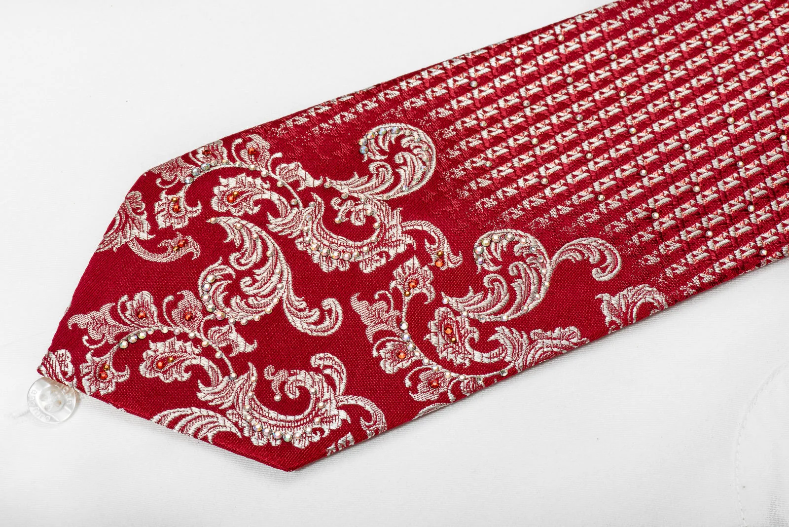 Mila Schon Mens Crystal Rhinestone Silk Necktie Silver Acanthus On Red With Sparkles - Image 2