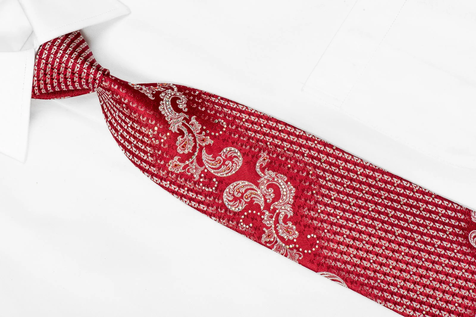 Mila Schon Mens Crystal Rhinestone Silk Necktie Silver Acanthus On Red With Sparkles - Image 3
