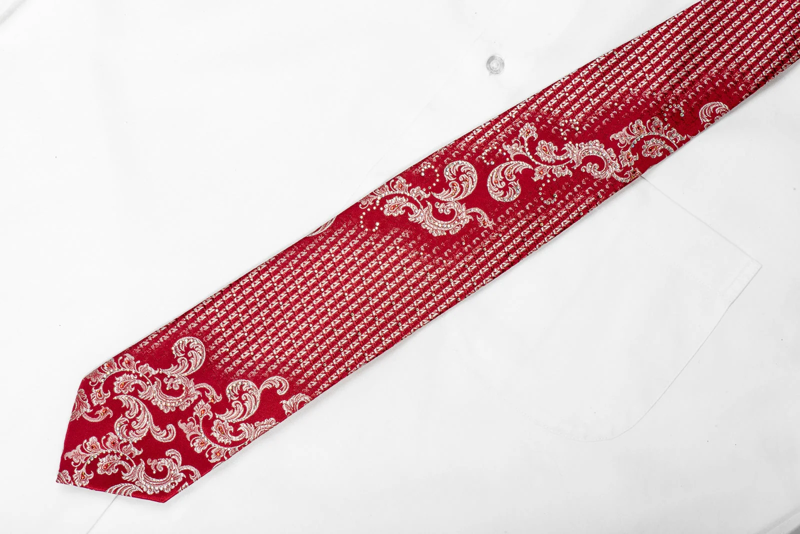 Mila Schon Mens Crystal Rhinestone Silk Necktie Silver Acanthus On Red With Sparkles - Image 4