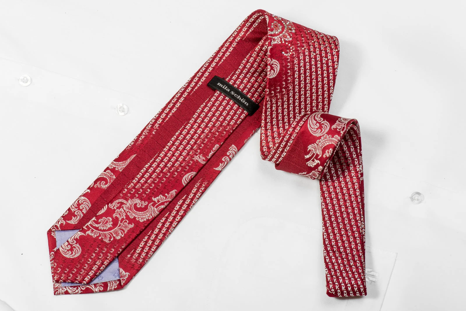 Mila Schon Mens Crystal Rhinestone Silk Necktie Silver Acanthus On Red With Sparkles - Image 6