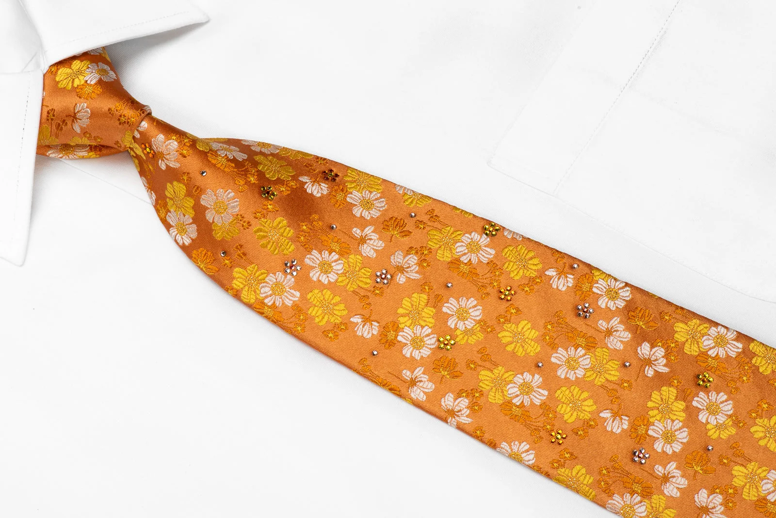 Mila Schon Mens Crystal Silk Necktie Floral On Orange With Silver Sparkles - Image 2