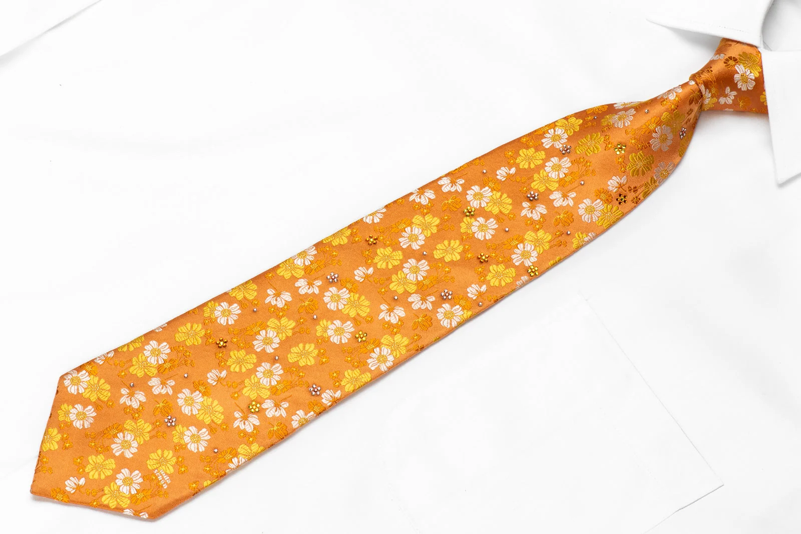 Mila Schon Mens Crystal Silk Necktie Floral On Orange With Silver Sparkles - Image 3