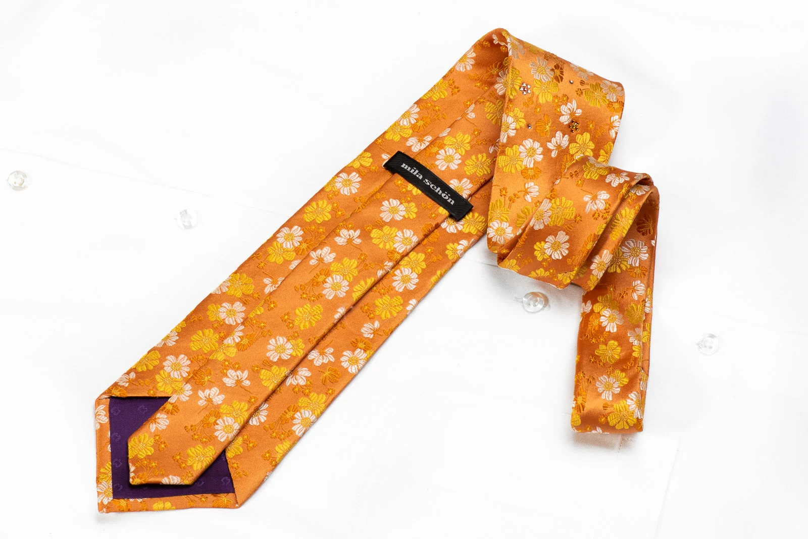 Mila Schon Mens Crystal Silk Necktie Floral On Orange With Silver Sparkles - Image 4