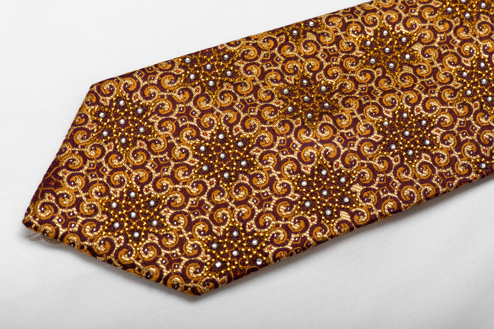Mila Schon Mens Crystal Silk Necktie Golden Arabesque On Burgundy With Gold Sparkles - Image 3