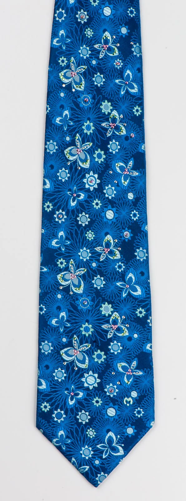 Mila Schön Mens Rhinestone Silk Neck Tie Floral & Butterflies On Blue 3 1/2 Inch - Image 7