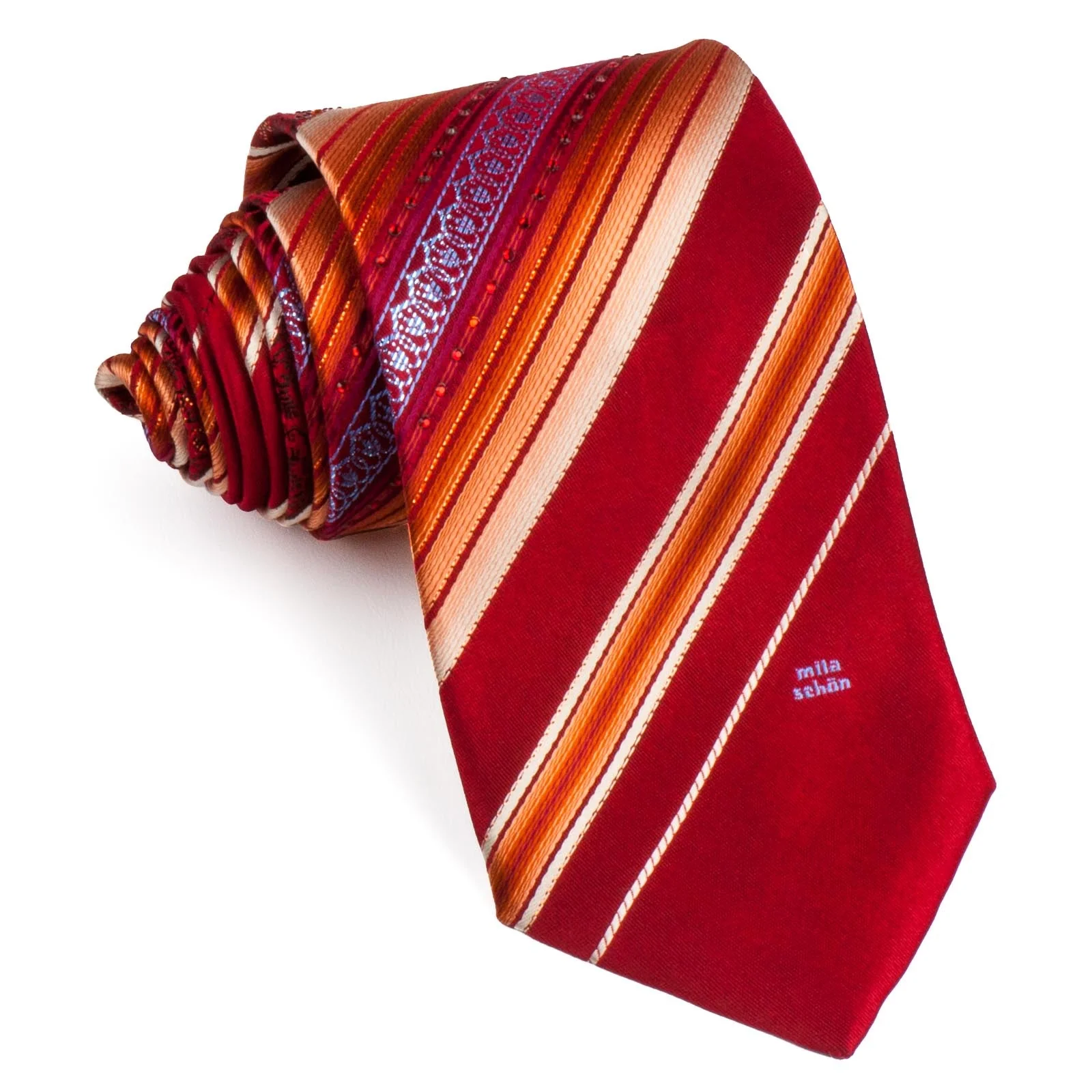 Mila Schön Mens Rhinestone Silk Neck Tie Orange Stripes On Burgundy 3 1/2 Inch