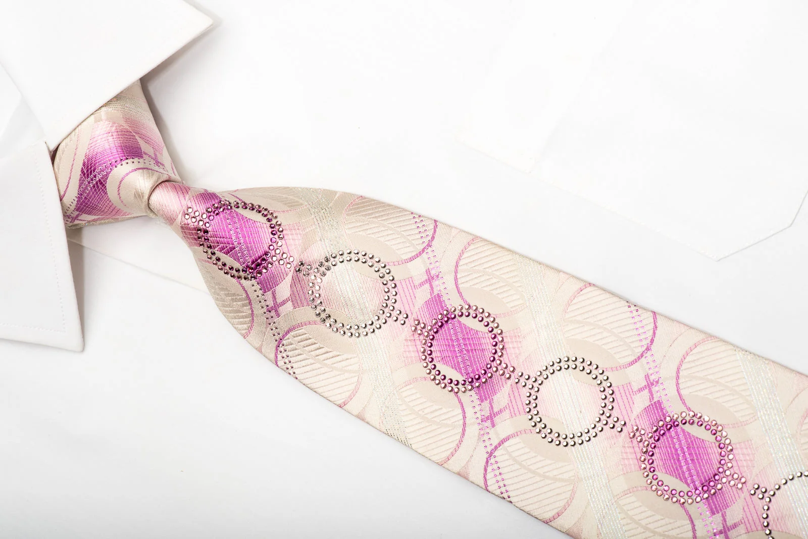 Mila Schon Mens Rhinestone Silk Necktie Geometric On Pink With Sparkles - Image 3