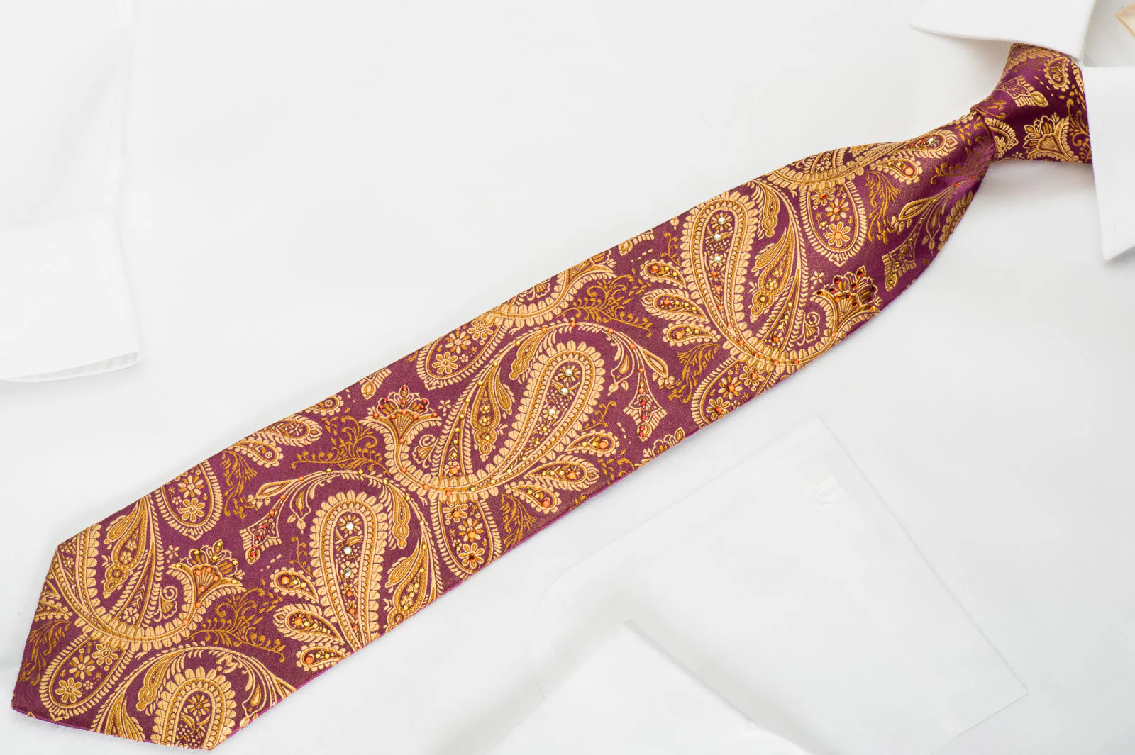 Mila Schon Mens Rhinestone Silk Necktie Golden Paisley On Burgundy Wirh Sparkles - Image 2