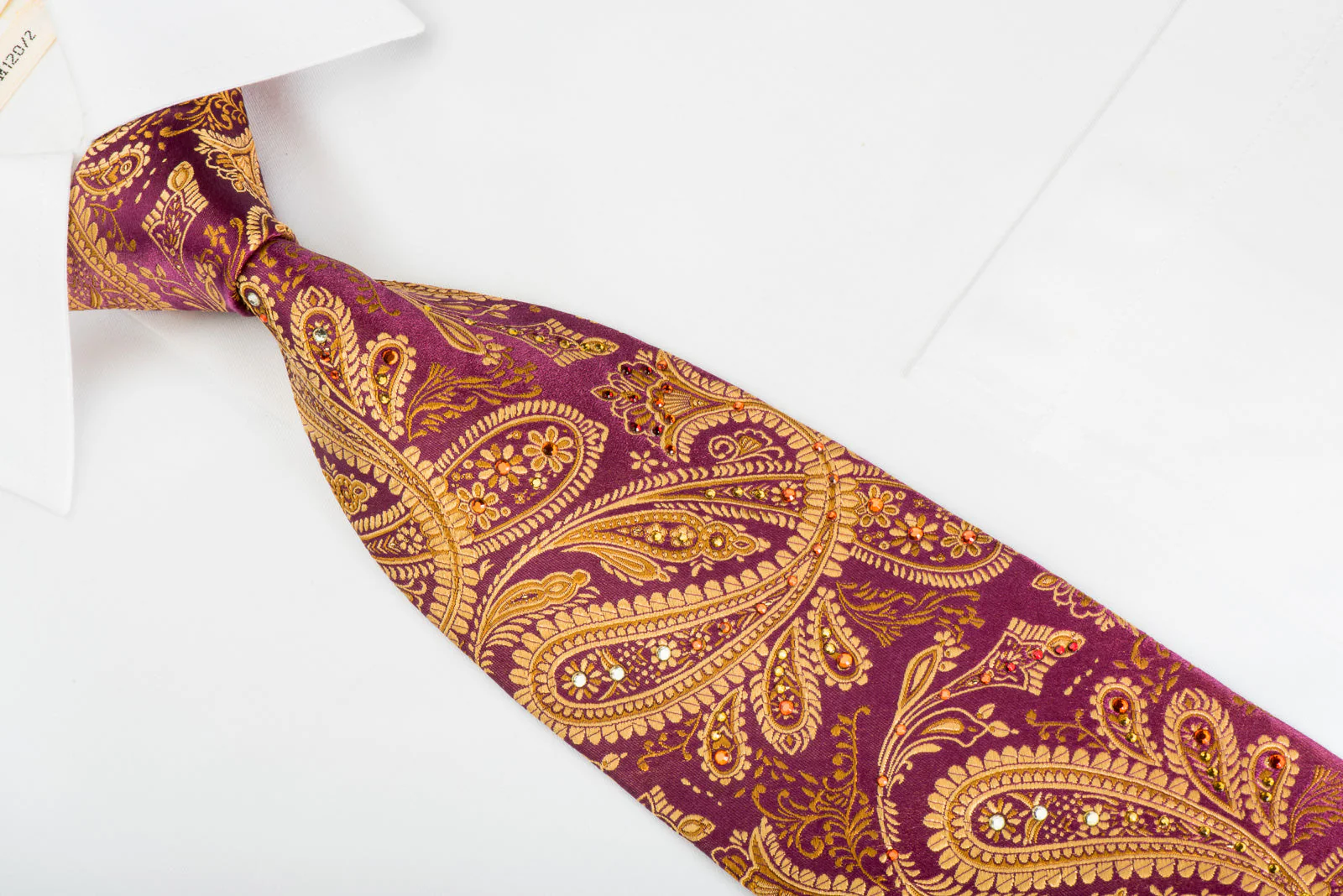 Mila Schon Mens Rhinestone Silk Necktie Golden Paisley On Burgundy Wirh Sparkles - Image 3