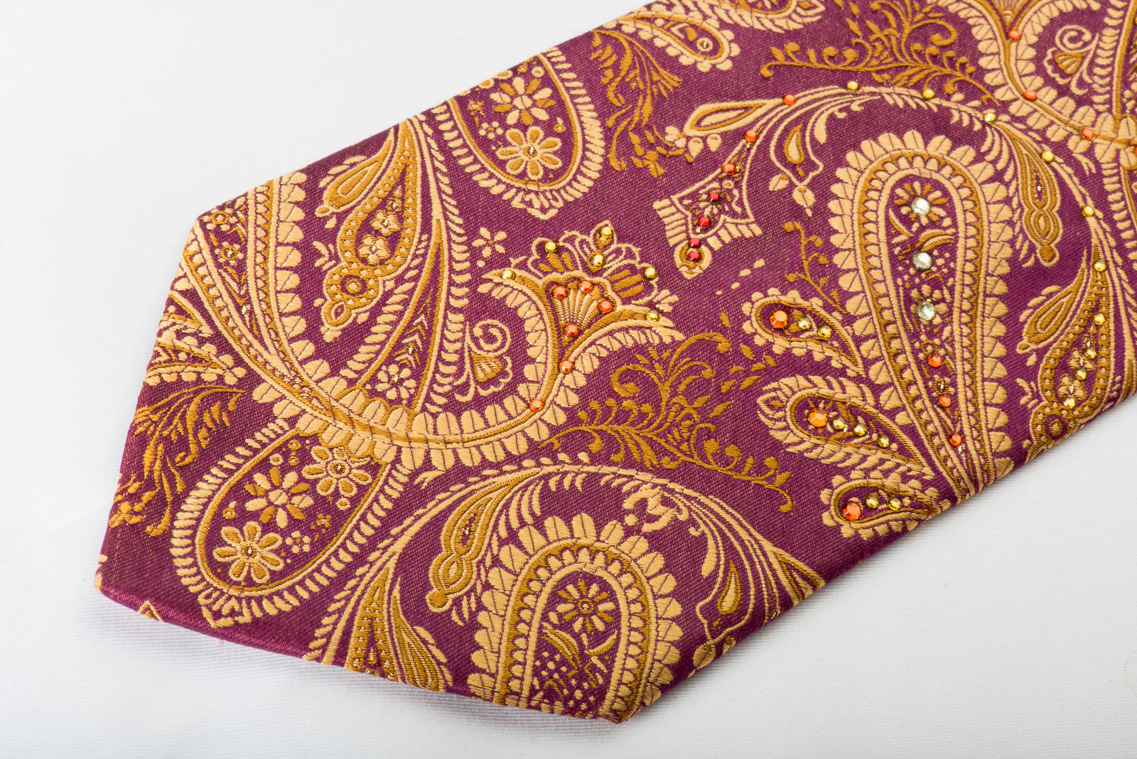 Mila Schon Mens Rhinestone Silk Necktie Golden Paisley On Burgundy Wirh Sparkles - Image 4
