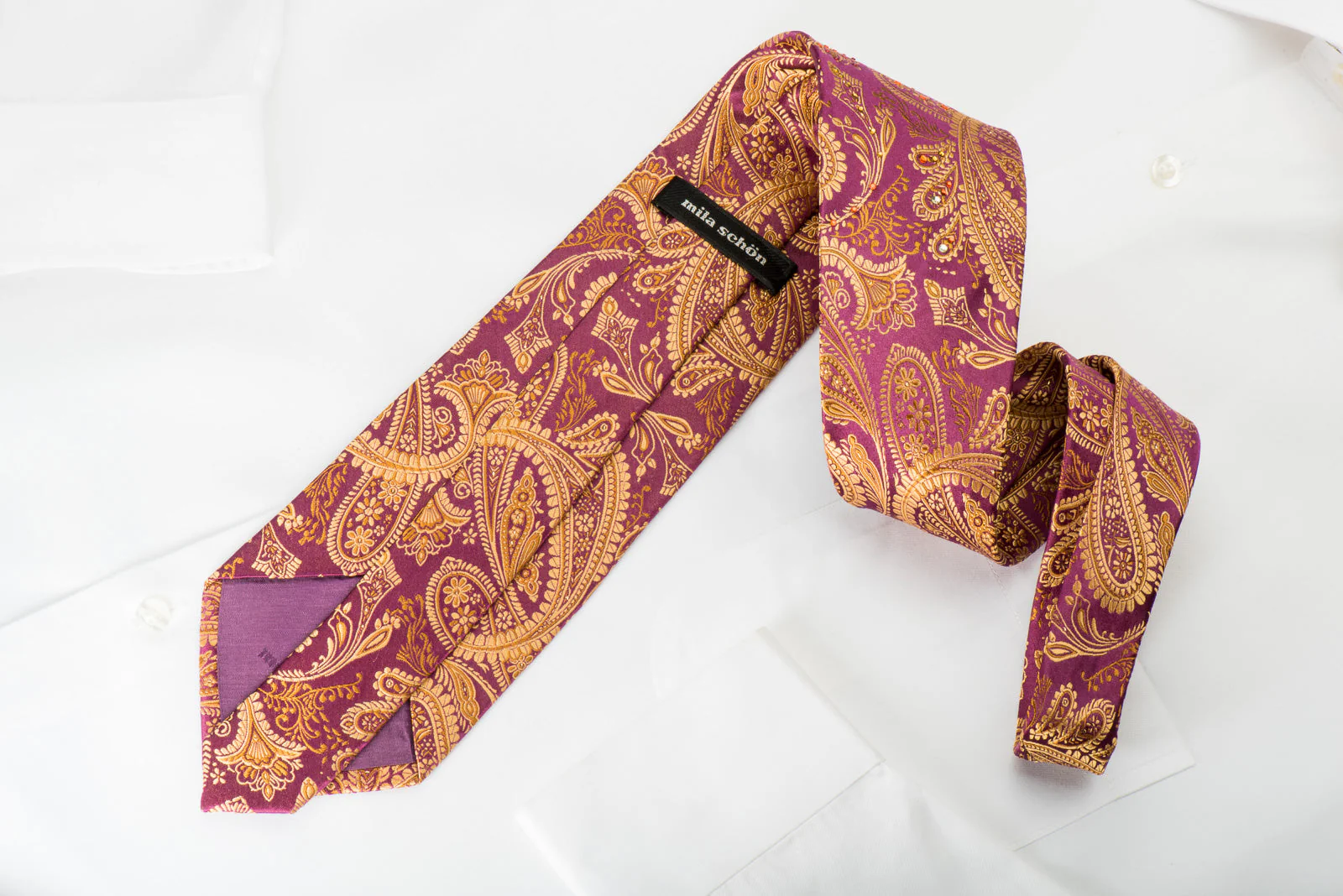 Mila Schon Mens Rhinestone Silk Necktie Golden Paisley On Burgundy Wirh Sparkles - Image 5